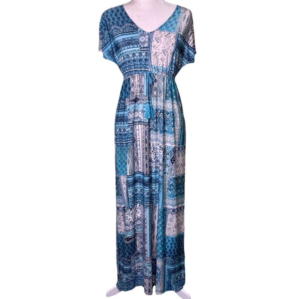 Women’s Boho Patchwork Maxi Dress Tassel Tie Beach Resort Hippie Gypsy Chic Sm